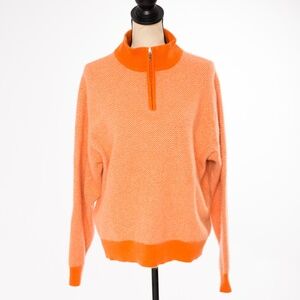 100% pure cashmere sweater 1/4 zipper herringbone orange & white S